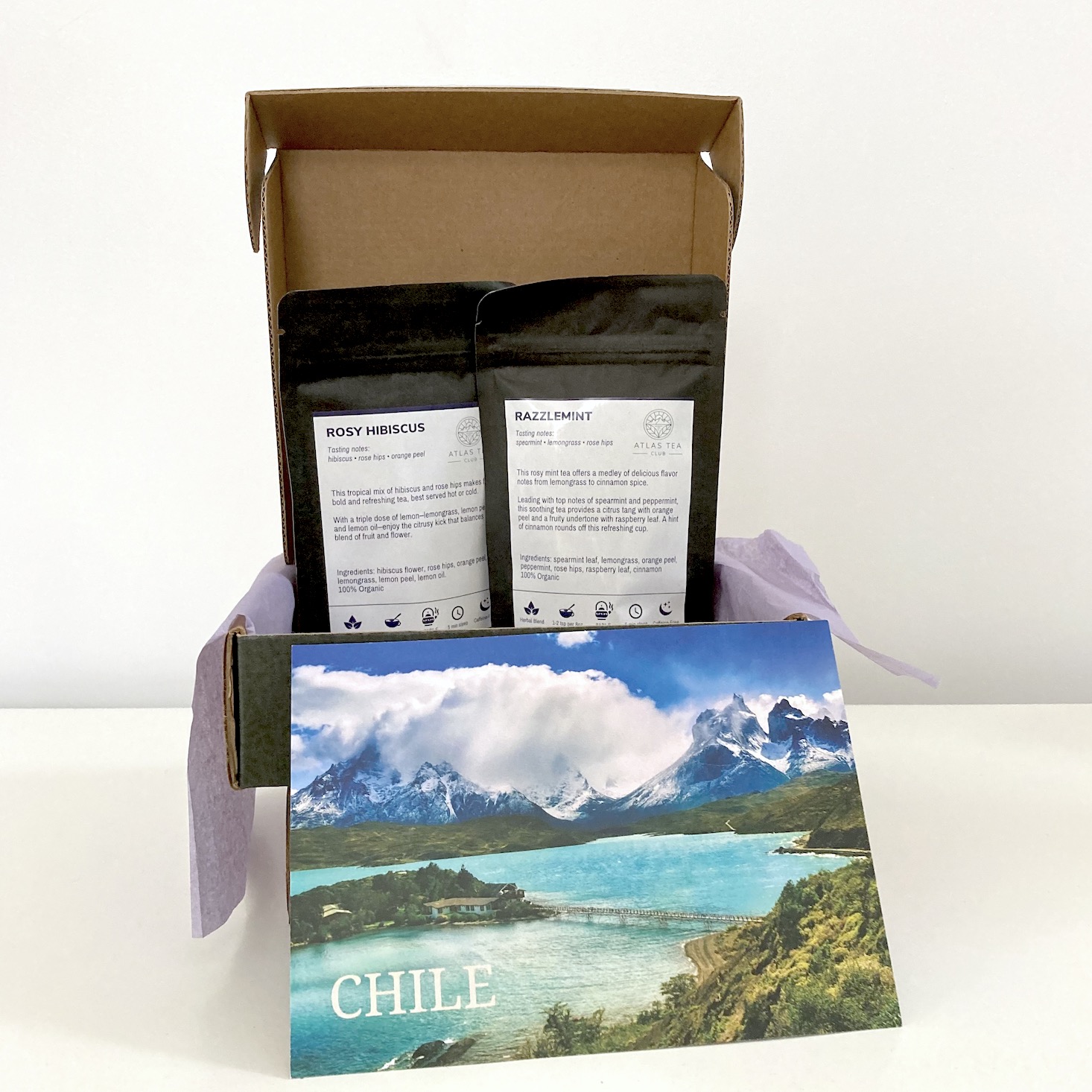 This box from Atlas Tea Club included Rosy Hibiscus and Razzlemint tea from Chile.