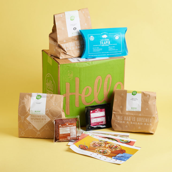 HelloFresh meal kits come with all of the ingredients you need to cook a full meal (i.e. meat, veggies, etc.)