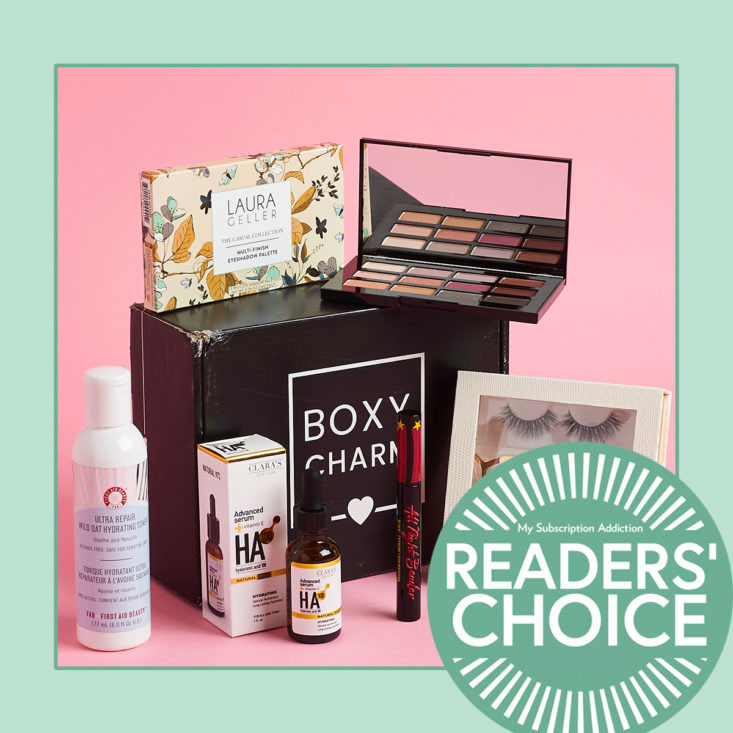 BoxyCharm example box, winner of the makeup subscription box category.