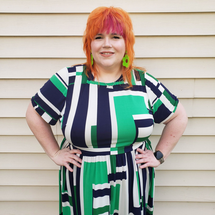 Nicole wearing her new Mint Green Geo Print Dress from her Gwynnie Bee subscription box.