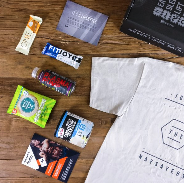 muscle box example subscription box with supplements and tshirt